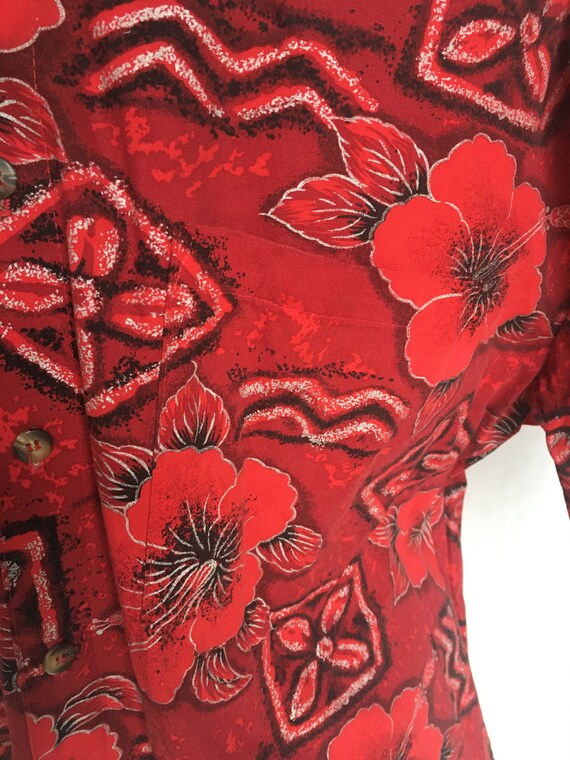 Vintage 90’s Red Hawaiian Shirt w/ Silver,Black D… - image 6