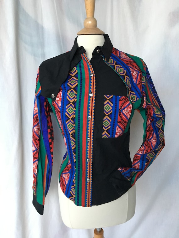 Vintage 90’s Country Western Black/Multi Color Ro… - image 1