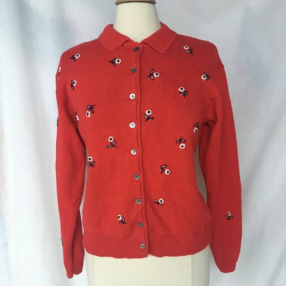 Vintage 90s CHAUS Red Cardigan w/ Embroidered Whi… - image 2