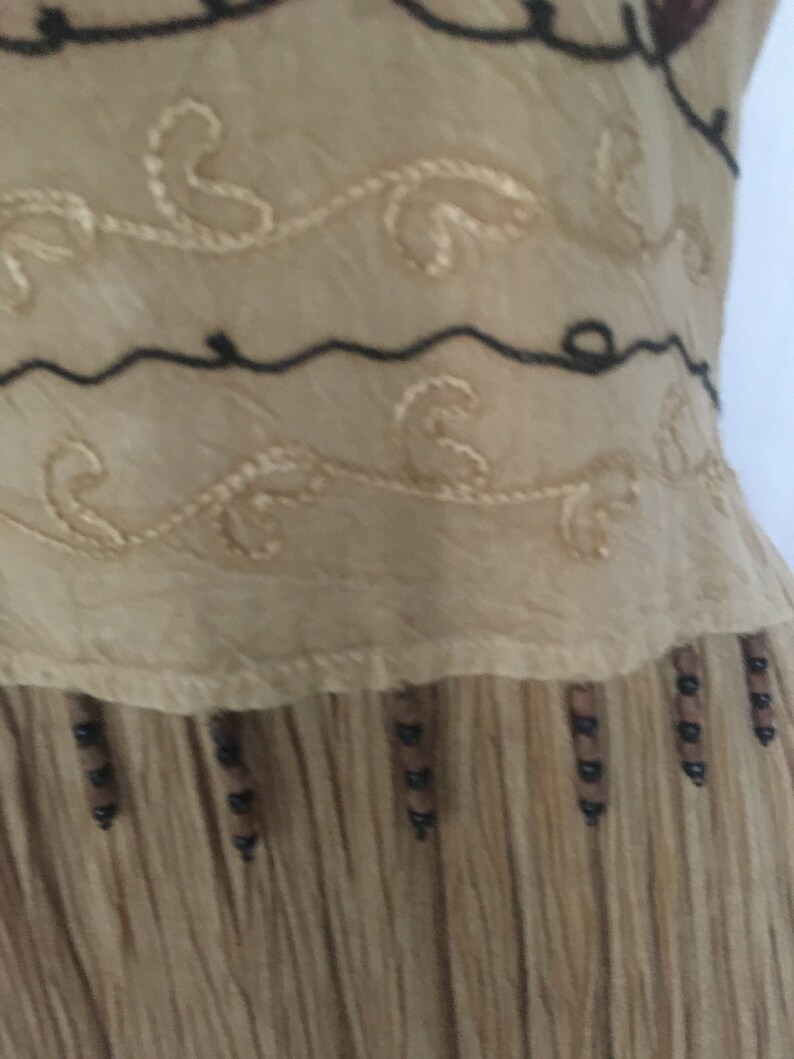 Olive Embroidery and Beaded Fringe Vintage Embellished Golden Tan Sleeveless Maxi Dress w Rust