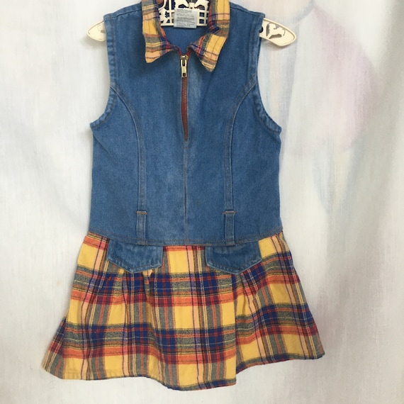 Vintage 90s Girls Denim/Plaid Flannel Jumper w/ H… - image 2