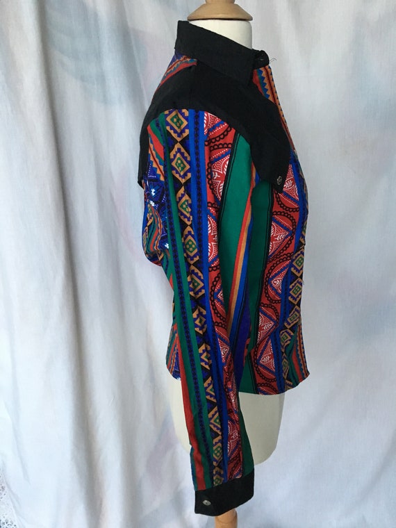 Vintage 90’s Country Western Black/Multi Color Ro… - image 5