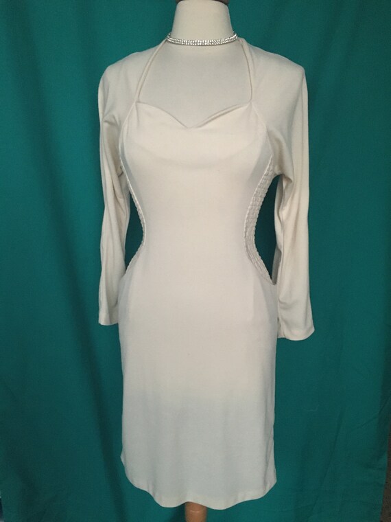 Vintage Early 90’s Creme Knit Body Con Dress w/ S… - image 1