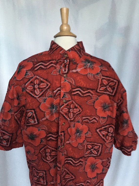 Vintage 90’s Red Hawaiian Shirt w/ Silver,Black D… - image 3