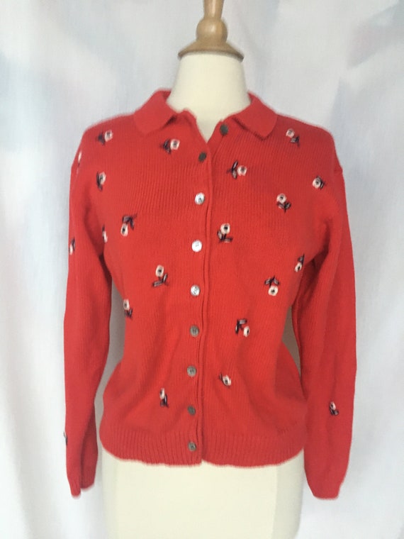 Vintage 90s CHAUS Red Cardigan w/ Embroidered Whi… - image 1