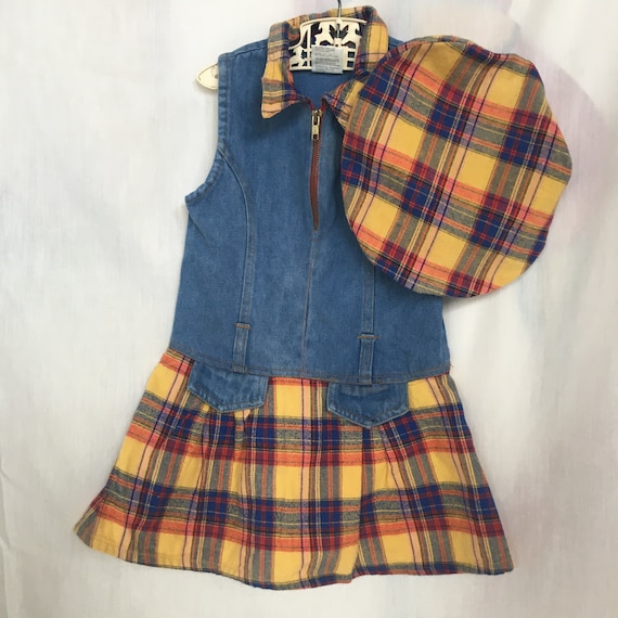 Vintage 90s Girls Denim/Plaid Flannel Jumper w/ H… - image 1