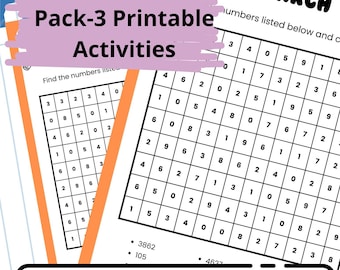 Senior Number Search Worksheets| 3Printable Cognitive Activities| Cognitive stimulation activities for older adults with memory changes| PDF