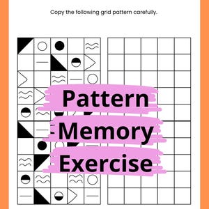 Pode incluir: Um papel branco com uma borda laranja apresenta um exercício de padrão de grade. O texto diz "GRID PATTERN" e "VISUAL ATTENTION EXERCISE". O exercício inclui uma grade completa e uma grade em branco para copiar.