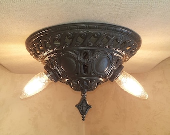 Vintage Rare Victorian 1920s 1930s Flush Mount 2 Bulb Light Ceiling Fixture Cast Iron Victoria Ornate floral Heavy well made Unique