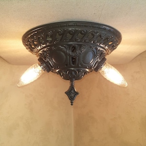 Vintage Rare Victorian 1920s 1930s Flush Mount 2 Bulb Light Ceiling Fixture Cast Iron Victoria Ornate floral Heavy well made Unique