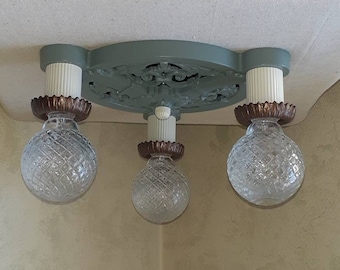 1920s 1930s Antique Flush Mount Cast Iron Ceiling Light Fixture, 3 Bulb, B and H Bradley Hubbard Victorian Art Deco Marked B&H 55642
