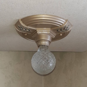 Antique Vintage 1920s 1930s Art Deco Victorian 1 Light Flush Mount Ceiling Fixture Ornate Lighting Made By Herman Perla New York, NY #901-11