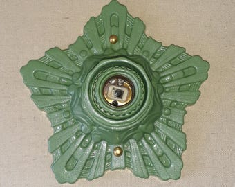 Antique 1920s 1930s Single Bare Bulb Flush Mount Light fixture Cast Iron Art Deco Sunburst design By The Halcolite Company New York, NY.