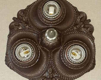 Antique Vintage 1920s 30s Art Deco Victorian 3 Light Flush Mount Ceiling Fixture  Cast Aluminum Lighting Fixture Moe Bridges Stamped 34153