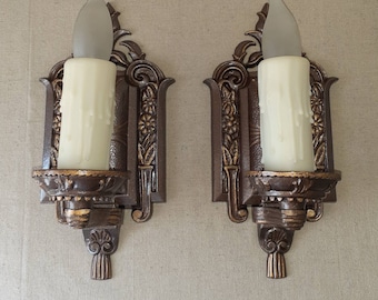 Antique Vintage 1920s 1930s Pair Art Deco Cast Iron Wall Mount Sconces Light Fixtures Art Deco Moe Bros (bridges) Mil. WI. G111 Restored