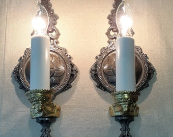 All Original Antique Vintage 1920s 1930s Pair Victorian Cast Iron Brass Wall Mount Sconces Light Fixtures Art Deco Ornate Restored