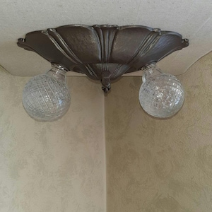 Vintage Rare 1920s 1930s Flush Mount 2 Bulb Light Ceiling Fixture Hand Hammered Cast Iron Art Deco Ornate Stamped M.E.P. B492 Markel CO.