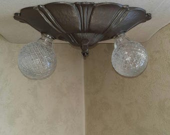 Vintage Rare 1920s 1930s Flush Mount 2 Bulb Light Ceiling Fixture Hand Hammered Cast Iron Art Deco Ornate Stamped M.E.P. B492 Markel CO.