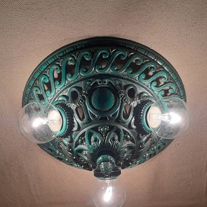 Amazing Verdigris Vintage Rare Victorian 1920s 1930s Flush Mount 3 Bulb Light Ceiling Fixture Cast Iron Ornate floral Heavy Duty  Unique