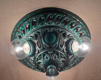 Amazing Verdigris Vintage Rare Victorian 1920s 1930s Flush Mount 3 Bulb Light Ceiling Fixture Cast Iron Ornate floral Heavy Duty  Unique