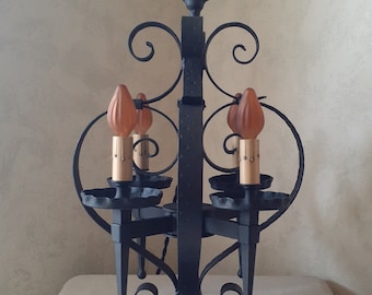 Beautiful Antique Spanish Revival Wrought Iron 4 Light Hanging Candelabra Chandelier Hand Hammered, Hand Forged. Completely Restored