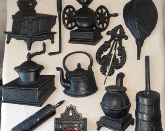 Set of 11 Vintage  kitchen wall decor, coffee grinders, teapot, rolling pin, butter churn, stoves, match holder, etc...