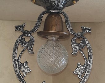 Vintage 1930s Semi Flush Mount Ceiling Single Bare Bulb Light Fixture Hand Hammered Wrought Iron Medieval Arts & Crafts By The JC Virden CO.