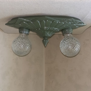 Antique Vintage 1920s 1930s Beautiful Art Deco Victorian 2 Light Flush Mount Ceiling Fixture Restored Ornate Cast Aluminum Vintage Lighting