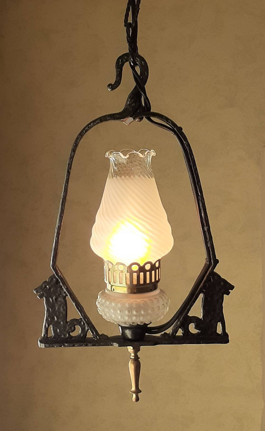 Original Vintage 1930s Wolf Pendant Light Fixture Hand Hammered