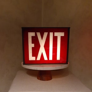 Rare Original Antique Gas Lit Red Exit Sign, With Brass Gas Valve, Frosted Etched Glass Lettering, Wall Mount Fixture Electrified