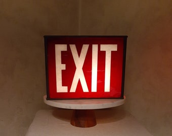 Rare Original Antique Gas Lit Red Exit Sign, With Brass Gas Valve, Frosted Etched Glass Lettering, Wall Mount Fixture Electrified