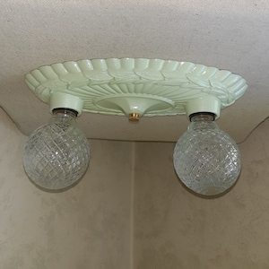 Antique Vintage 1920s 1930s Flush Mount 2 Light Ceiling Fixture Cast Iron Vintage Lighting Art Deco Ornate Laurel Detailed Design, Restored