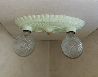 Antique Vintage 1920s 1930s Flush Mount 2 Light Ceiling Fixture Cast Iron Vintage Lighting Art Deco Ornate Laurel Detailed Design, Restored