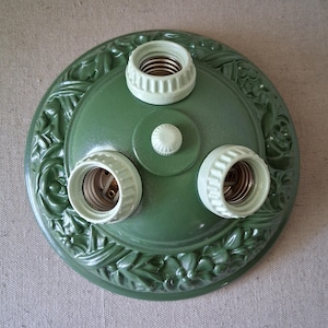 Antique 1930s Ornate Floral Three Bulb Metal Flush Mount Light Fixture Art Deco,  Restored
