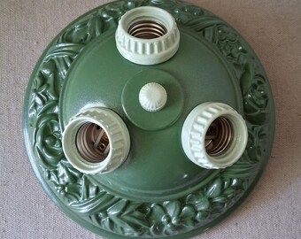 Antique 1930s Ornate Floral Three Bulb Metal Flush Mount Light Fixture Art Deco,  Restored