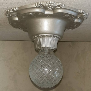 Antique Vintage 1920s 30s Art Deco Victorian Single Light Flush Mount Ceiling Fixture  Cast Aluminum Lighting Fixture Riddle Design Co #824