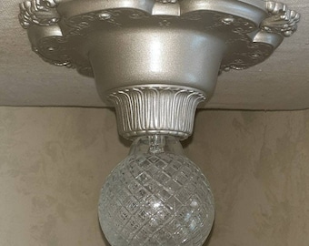 Antique Vintage 1920s 30s Art Deco Victorian Single Light Flush Mount Ceiling Fixture  Cast Aluminum Lighting Fixture Riddle Design Co #824