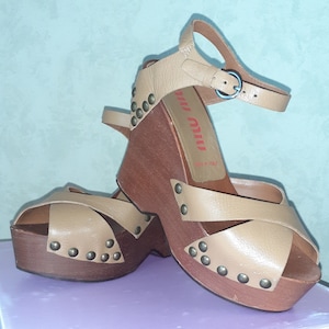Vintage MIU MIU Cognac Tan Leather PLATFORM Open Toe Ankle Strap High Heel Shoes Size 37 With Original Box and Dust Bags