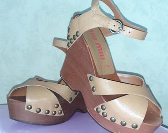 Vintage MIU MIU Cognac Tan Leather PLATFORM Open Toe Ankle Strap High Heel Shoes Size 37 With Original Box and Dust Bags