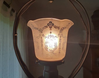 Antique Vintage 1920s 30s  Victorian Hanging Pendant Light Ceiling Fixture Cast Iron With Acid Etched Glass Shade Made By Lincoln Mfg Co.
