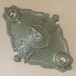 Antique Vintage 1920s 1930s 2 Bulb Light Flush Mount Ceiling Fixture Ornate Arts & Crafts Medieval Gothic Art Deco Victorian Cast Aluminum