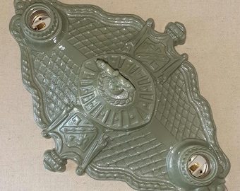Antique Vintage 1920s 1930s 2 Bulb Light Flush Mount Ceiling Fixture Ornate Arts & Crafts Medieval Gothic Art Deco Victorian Cast Aluminum