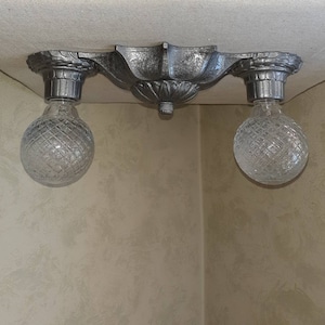 Antique Vintage 1920s 1930s Flush Mount 2 Light Ceiling Fixture Markel Cast Iron Vintage Lighting Art Deco Ornate Web wreaths Bows Design