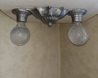 Antique Vintage 1920s 1930s Flush Mount 2 Light Ceiling Fixture Markel Cast Iron Vintage Lighting Art Deco Ornate Web wreaths Bows Design