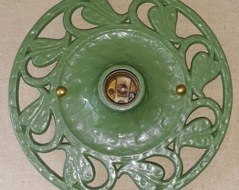 Antique 1920s 1930s Flush Mount Single Bulb Light Ceiling Fixture Hand Hammered Cast Iron Spanish Revival Medieval Gothic Ornate Virden B113