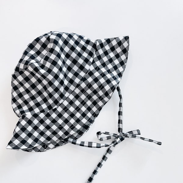 brimmed black and white gingham baby sun hat