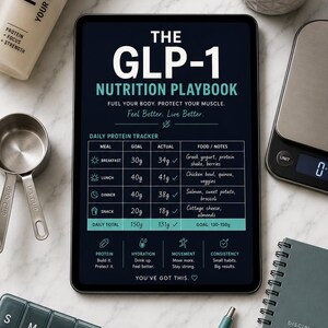 May include: A tablet displaying The GLP-1 Nutrition Playbook with a daily protein tracker, surrounded by a protein shaker bottle, a measuring cup, a digital scale, a weekly pill organiser, a pen, and a notebook on a white marble surface.
