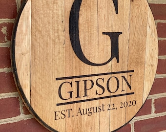 Custom Engraved Bourbon Barrel Head: Reclaimed Wood Lid