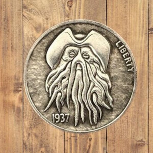 Hobo Nickel Davy Jones in Pirates of the Caribbean Magic Fantasy Silver US American Nickle Unique Carved Rare Commemorative Coin