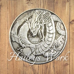 Dragon Hobo Nickel Medieval Mystical Magic China Great Wall Creature Morgan Dollar Silver Casted US American Unique Carved Challenge Coin